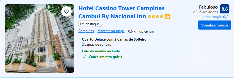 Hotel Cassino Tower Campinas Cambuí | Imagem: Booking.com