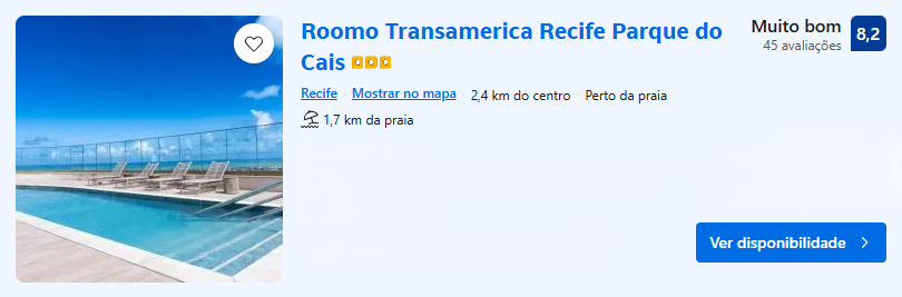 Hospedagem para o Carvalheira na Ladeira - Roomo Transamerica Recife Parque do Cais